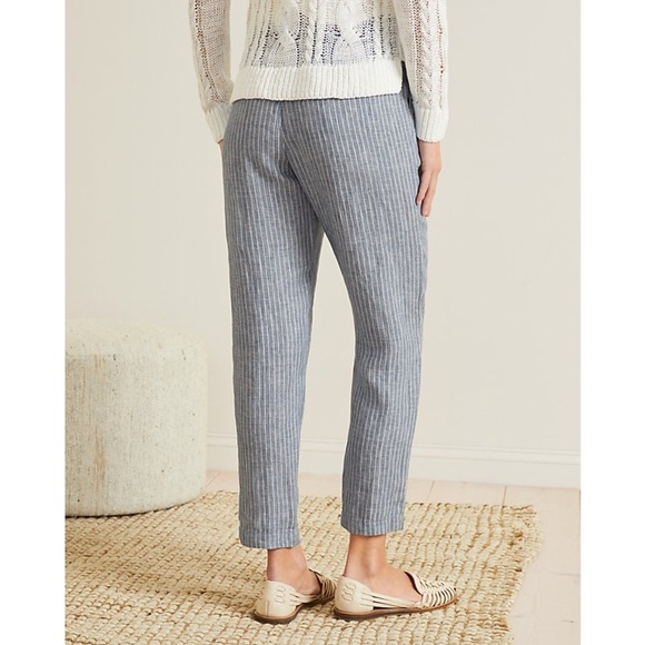 Garnet Hill NEW Straight-Leg Linen Pleated Trousers in Indigo Sky Mini Stripe 6 - Picture 3 of 13